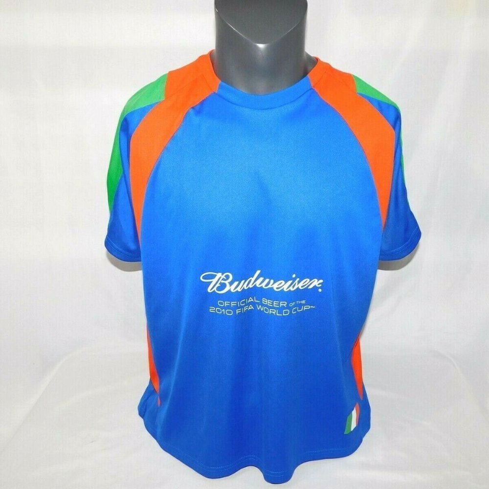 FIFA 2010 World Cup Italy Budweiser Beer Blue Orange Green T Shirt Mens Large